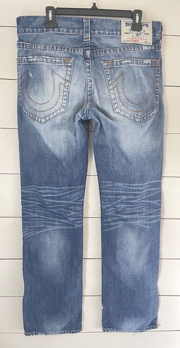 True Religion Jeans Men’s Straight Premium Distressed Stitched Pocket Blue 33/34